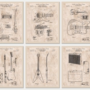Set of 6 Guitar Patent Prints [Old Graph Paper] | Musician Gift | Electric Guitar Print | Amplifier Print |Music Instrument INSTANT DOWNLOAD