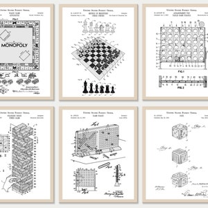 Set of 6 Game Patent Prints [Vol. 2 - White] | Classic Games Night. Retro Tabletop Games Wall Art. Board Games Lover Gift. Game Room Decor