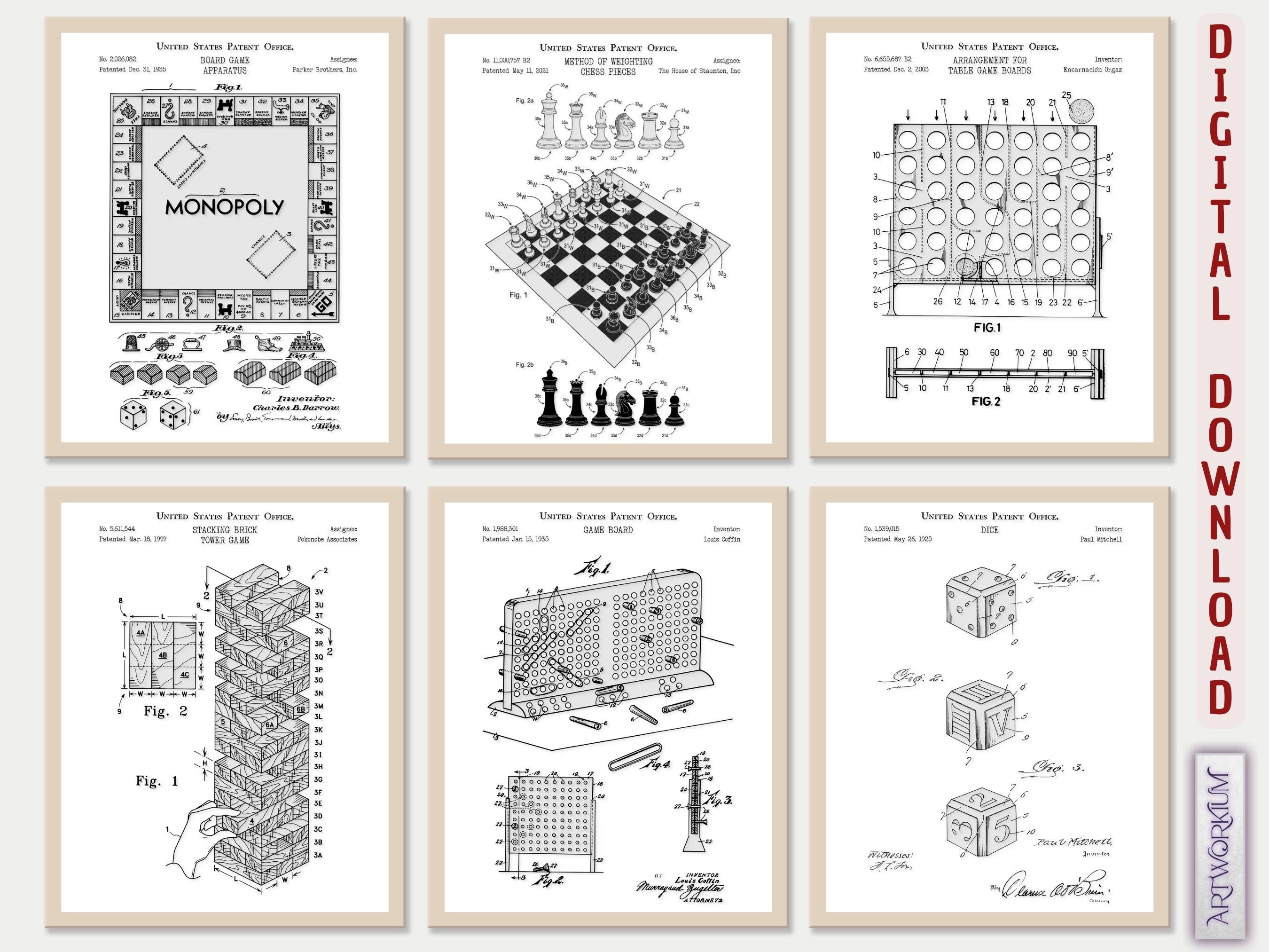 Set of 6 Game Patent Prints vol. 2 White Classic Games Night. Retro ...