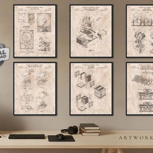 May include: Six framed wall art prints featuring vintage United States patent illustrations of computer hardware components, including hard drives, cooling systems, and keyboards, displayed on a light brown background with black ink details.
