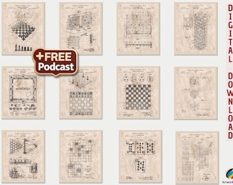 Patenttryck med vintagebrädspel + PODCAST: Väggkonst med klassiska brädspel, set med 12 [Volym 1 och 2 - Gammalt papper] (Digital nedladdning)