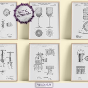 Set of 6 Wine Patent Prints [White] Wine Lover Gift, Sommelier Gift, Restaurant Art, Bartender Gift, Wine Bar Decor, Wine Glass, Corkscrew