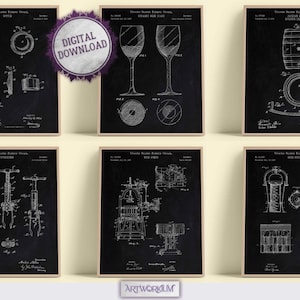 Set of 6 Wine Patent Prints [Black Chalkboard] Wine Lover Gift, Sommelier Gift, Restaurant Art, Bartender Gift, Wine Bar Decor, Corkscrew
