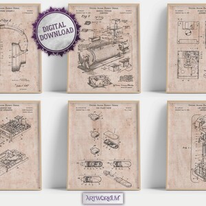 May include: Set of six framed vintage patent prints featuring technical drawings of electronic devices. The prints include diagrams of a headphone assembly, a general purpose switch, a floppy disk, a puzzle toy, a disk drive, and a low printer.