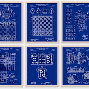 Set of 6 Game Patent Prints [Vol. 1 - Blueprint] Classic Games Night. Retro Tabletop Games Wall Art. Board Games Lover Gift. Game Room Decor