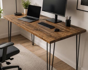 Reclaimed Wood Home Office Desk with Black Hairpin Legs – Custom Sizes, Handmade in UK