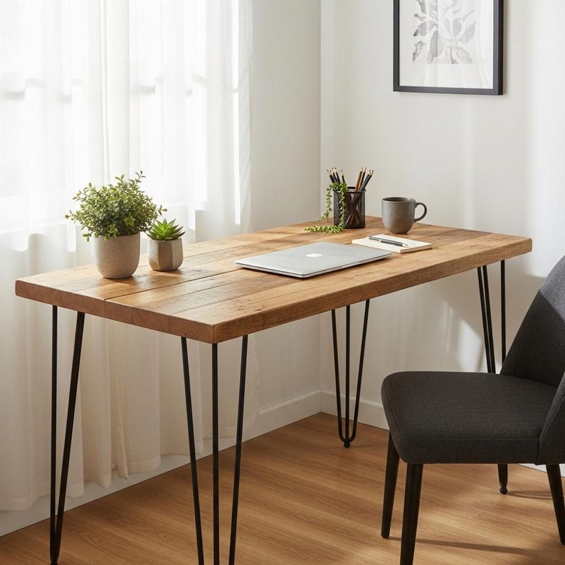 May include: A rectangular wooden desk with a natural grain finish and four thin black metal hairpin legs. On the desk surface sits a silver laptop, a small potted green plant, a smaller succulent, a black pencil holder, and a gray ceramic mug.