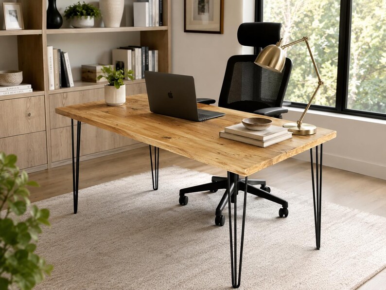 May include: A rectangular wooden desk with a natural grain finish and four black metal hairpin legs. The desk surface holds a dark gray laptop, a small potted green plant in a white ribbed ceramic pot, a stack of two books, and a gold desk lamp.