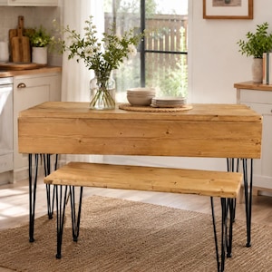 Reclaimed Wood Drop Leaf Table • Space Saving Folding Dining Table • Handmade UK • Hairpin Kitchen Table • Custom Sizes