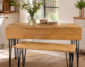 Reclaimed Wood Drop Leaf Table • Space Saving Folding Dining Table • Handmade UK • Hairpin Kitchen Table • Custom Sizes