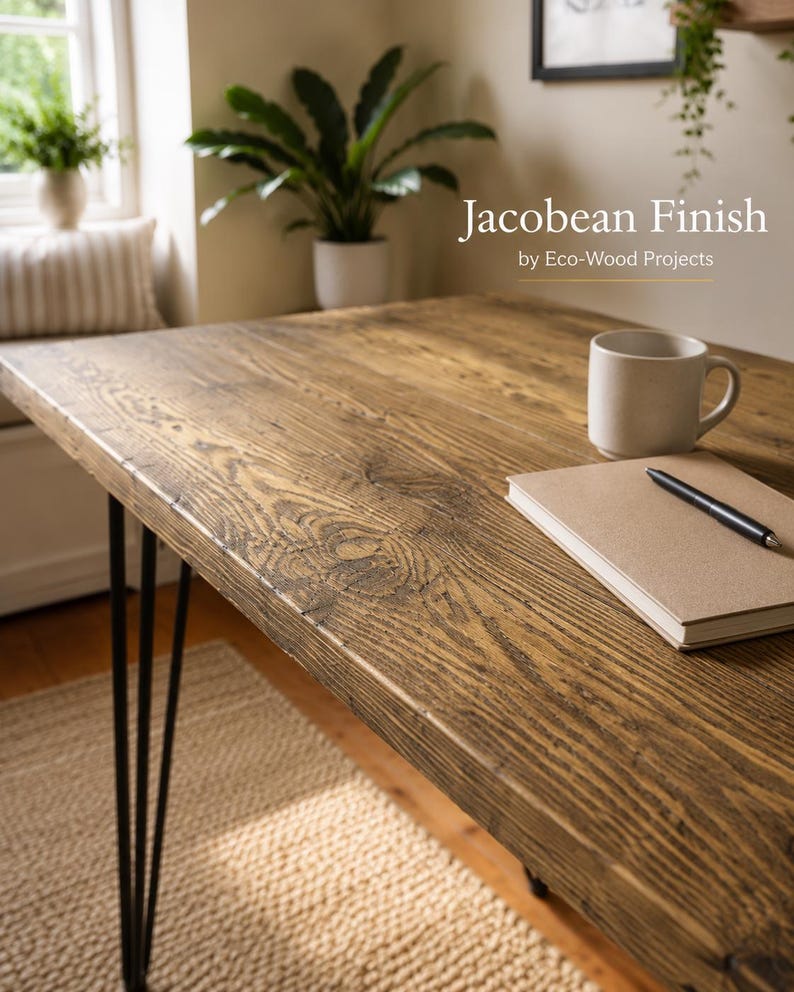 May include: A rectangular wooden desk with a dark brown Jacobean finish and black metal hairpin legs. The surface features visible wood grain and knots. A beige ceramic mug, a closed notebook, and a black pen rest on the desk surface.