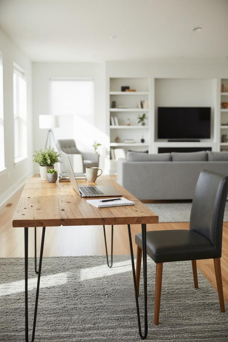 May include: A rectangular wooden desk with a natural grain finish and four black metal hairpin legs. The desk surface holds a silver laptop, a white spiral-bound notebook with a black pen, two small potted green plants, and a ceramic mug.