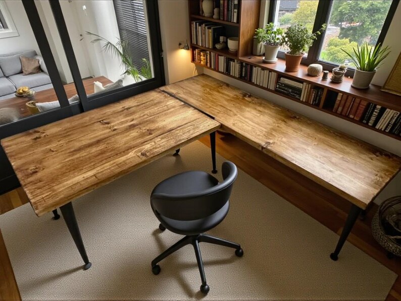 May include: An L-shaped wooden desk with a natural grain finish and black metal legs, paired with a black swivel office chair featuring a curved backrest. The desk surface is smooth and rectangular, providing a workspace for home or office.