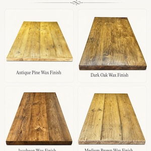 May include: A display of Reclaimed Wood Wax Finish Options featuring four rectangular wood planks. The labels are Antique Pine Wax Finish, Dark Oak Wax Finish, Jacobean Wax Finish, and Medium Brown Wax Finish, showing varied wood grain textures.
