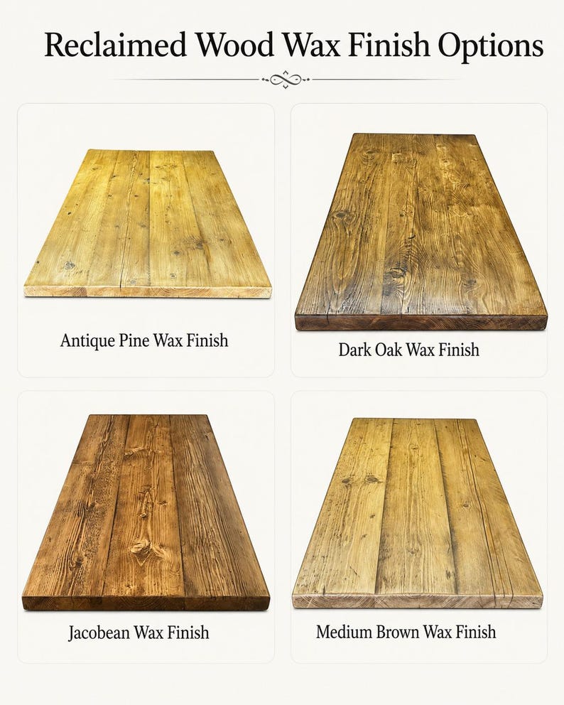 May include: A display of Reclaimed Wood Wax Finish Options featuring four rectangular wood planks. The labels are Antique Pine Wax Finish, Dark Oak Wax Finish, Jacobean Wax Finish, and Medium Brown Wax Finish, showing varied wood grain textures.