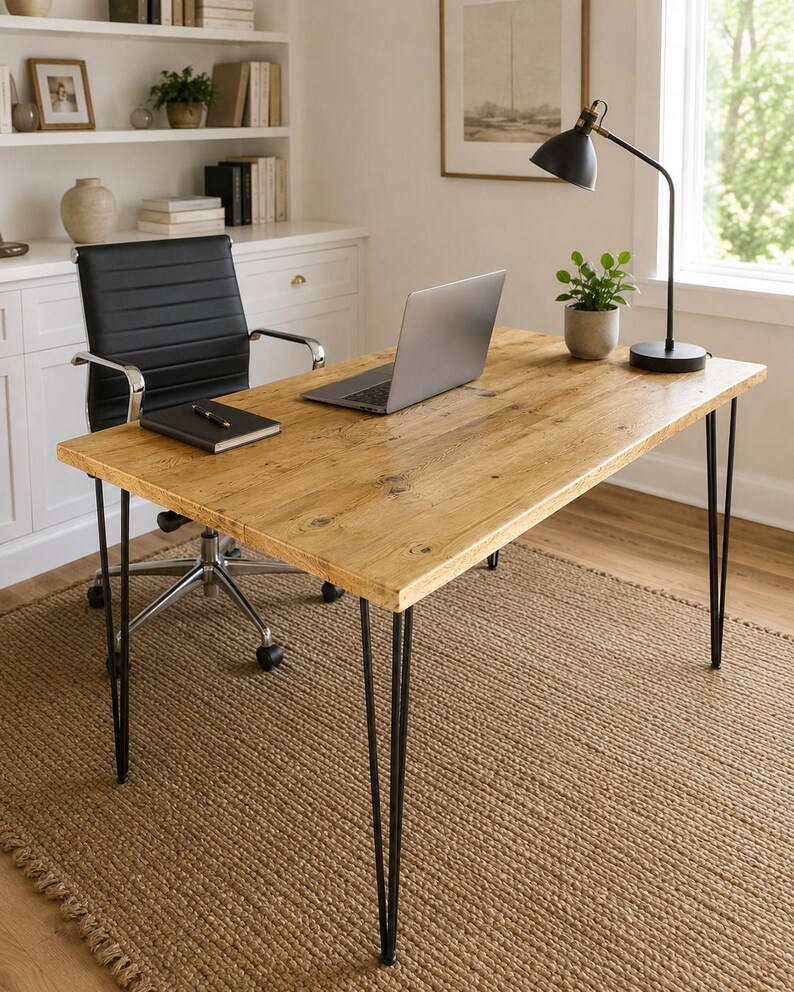 May include: A rectangular desk with a natural light brown wood grain top and four thin black metal hairpin legs. The desk surface holds a silver laptop, a black notebook with a pen, a small potted green plant, and a black adjustable desk lamp.