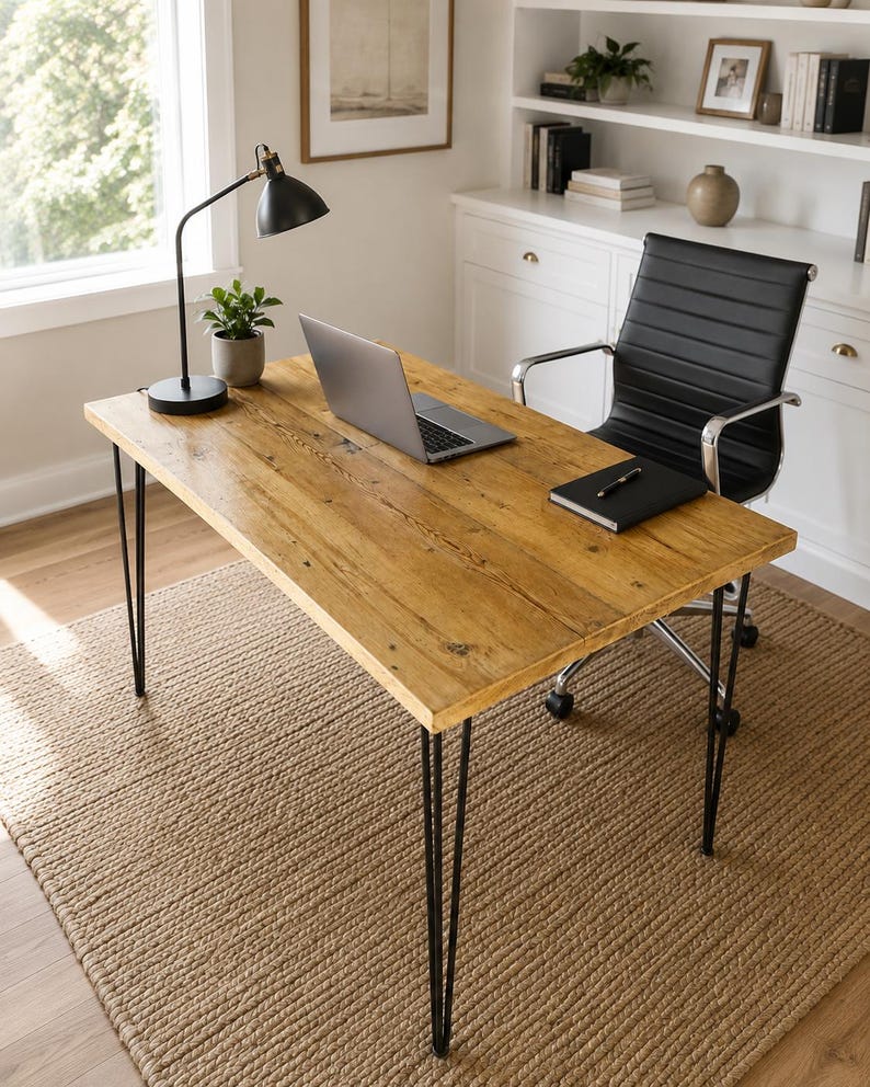 May include: A rectangular desk with a natural light brown wood grain top and four thin black metal hairpin legs. The desk surface holds a silver laptop, a black notebook with a pen, a small potted green plant, and a black adjustable desk lamp.