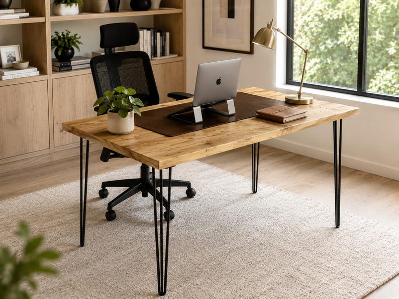 May include: A rectangular wooden desk with a natural grain finish and four black metal hairpin legs. The desk features a dark brown leather desk mat, a silver laptop on a stand, a small potted green plant, and a closed notebook on the surface.