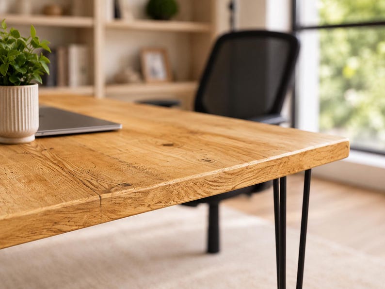 May include: A rectangular wooden desk featuring a natural light brown grain pattern and a smooth surface. The desk is supported by four thin, black metal hairpin legs. A small white ribbed planter with a green plant sits on the left side.