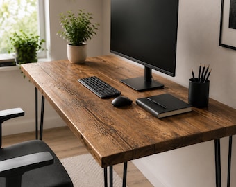 Solid Wood Desk – Handmade Rustic Home Office Desk with UK Steel Hairpin Legs