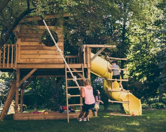 Sandbox Playset DIY Planes PDF descargables - Estructura de madera para exteriores Muro de escalada, tobogán, barras de mono, barra de trapecio, escalador de campanario