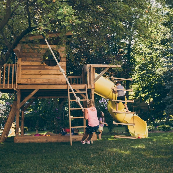 Sandbox Playset DIY Downloadable PDF Plans - Outdoor Wood Structure Climbing Wall, Slide, Monkey Bars, Trapeze Bar, Steeple Climber