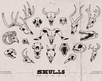 Skull Illustrations- hand drawn skulls, bull skull svg, cow skull svg, skull clip art, Cricut skull, Silhouette skull, SVG, laser, plotter