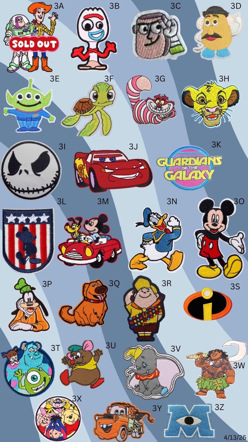 May include: A selection of embroidered patches showcasing cartoon characters from Toy Story, Disney, and Marvel. The patches are vibrant and detailed, in various shapes and sizes. Some patches include text, such as "SOLD OUT" and "GUARDIANS OF THE GALAXY".