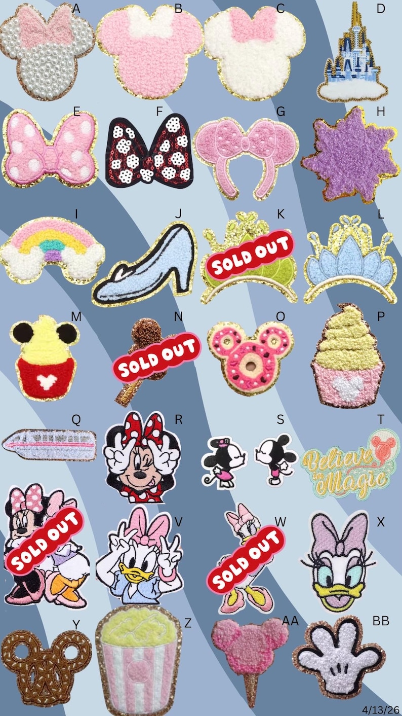 May include: A selection of embroidered patches with diverse designs. Includes Mickey Mouse and Minnie Mouse heads, bows, a castle, a rainbow, a high heel, a crown, a cupcake, a train, and Daisy Duck. Patches are in various colours with gold trim.