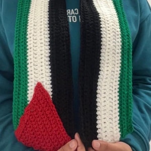Könnte beinhalten: Handgefertigter Häkelschal in den Farben der palästinensischen Flagge: Grün, Weiß, Schwarz und Rot. Der Schal hat eine rechteckige Form mit einem roten Dreieck an einem Ende. Der Text "RAJ TO I" ist auf dem T-Shirt zu sehen.