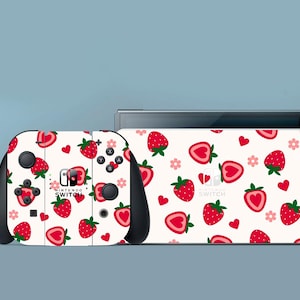 Pink Switch Skin Strawberry Switch 2 Skin Fruit Switch OLED Skin Nature Decal for Console Dock Controller Joycon Joy Con White Skin
