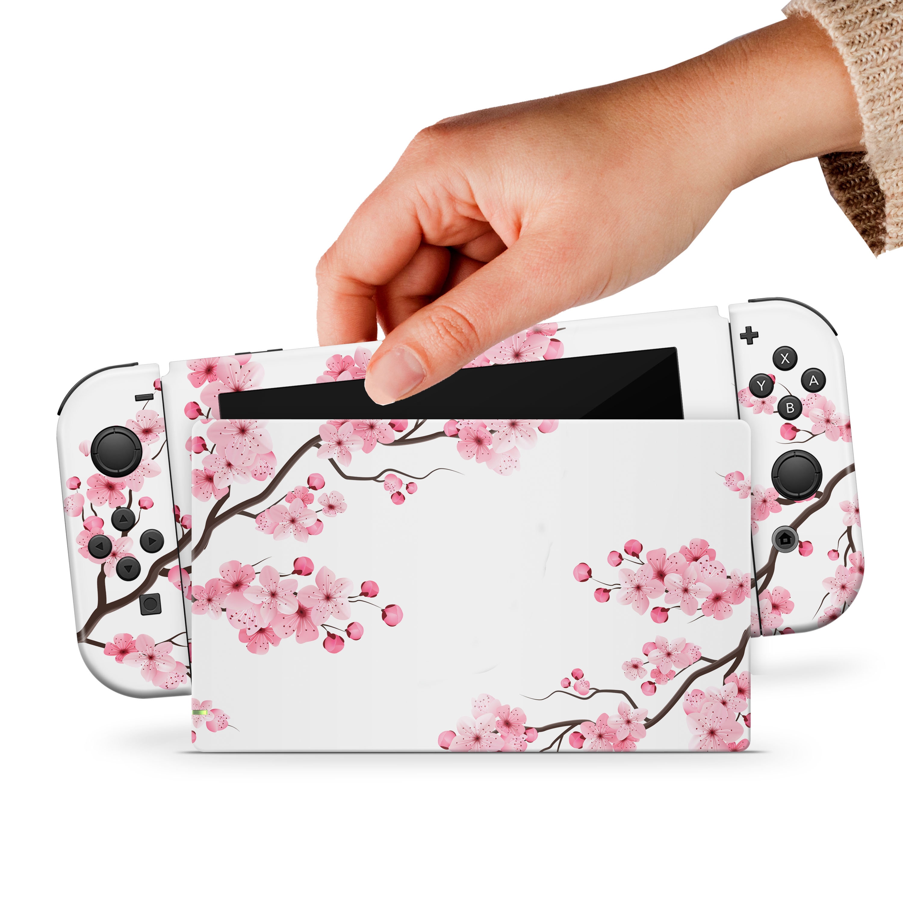 Cherry Blossom Teal White Nintendo Switch Skin Pastel Sakura