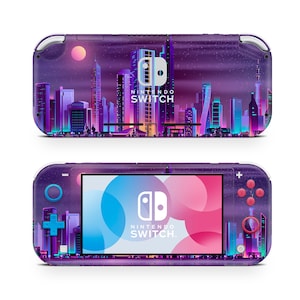 Könnte beinhalten: Eine violette Nintendo Switch Lite Konsole mit einem Stadtbild-Design. Die Konsole hat ein pinkfarbenes und blaues Kreisdesign auf dem Bildschirm und die Worte "NINTENDO SWITCH" auf der Vorderseite.