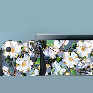White Floral Switch Skin Leaves Switch Skin Nature Switch OLED Skin Exotic Pattern Decal for Console Dock Controller Joycon Skin Blue