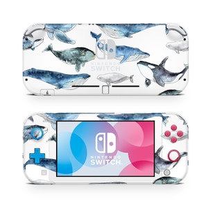以下が含まれることがあります： クジラをテーマにしたデザインの白いNintendo SwitchコンソールとSwitch Lite。青とグレーの色合いで様々なクジラの水彩イラストが描かれています。Nintendo Switchのロゴが画面とコンソールに表示されています。