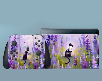 Black Сat Switch Skin Animal Switch Skin Purple Switch OLED Skin Lavender Decal for Console Dock Controller Joycon Joy Con Skin Cute Nature