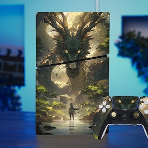 May include: A green and brown video game console skin featuring a dragon and a person standing in a forest. The skin is applied to a PlayStation 5 console and a matching controller.