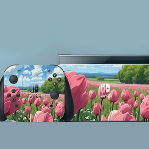 Pink Switch Skin Tulips Switch Skin Floral Switch OLED Skin Nature Decal for Console Dock Controller Joycon Joy Con Skin