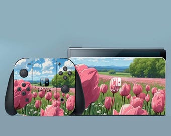 Pink Switch Skin Tulips Switch Skin Floral Switch OLED Skin Nature Decal for Console Dock Controller Joycon Joy Con Skin