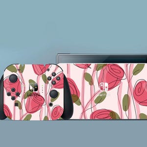Pink Roses Switch Skin Floral Switch 2 Skin Green Leaves OLED Skin Nature Decal for Console Beigw Dock Controller Joycon Joy Con Skin