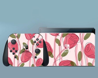 Pink Roses Switch Skin Floral Switch 2 Skin Green Leaves OLED Skin Nature Decal for Console Beigw Dock Controller Joycon Joy Con Skin