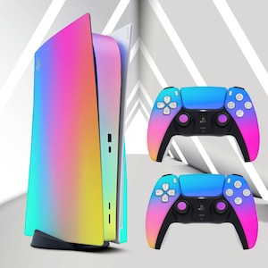 May include: A white and black PlayStation 5 console with a rainbow iridescent skin. Two matching rainbow iridescent controllers are shown in front of the console.