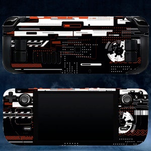 May include: Two black handheld gaming consoles with a geometric design. The design features white, orange, and black lines, dots, and shapes. The consoles have a black screen and buttons. The overall theme is tech and gaming.