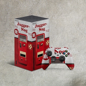 May include: A red and white Xbox Series X console skin and matching controller featuring the text "Jugger-Nog" and a vintage vending machine design. The controller has colored buttons and a brown center.