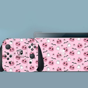 Pink Switch Skin 2 halloween Switch Skin Ghost  Switch OLED Skin Nature Decal for Console Dock Controller Joycon Joy Con Pink Pumpkin Skin