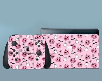 Pink Switch Skin 2 halloween Switch Skin Ghost  Switch OLED Skin Nature Decal for Console Dock Controller Joycon Joy Con Pink Pumpkin Skin