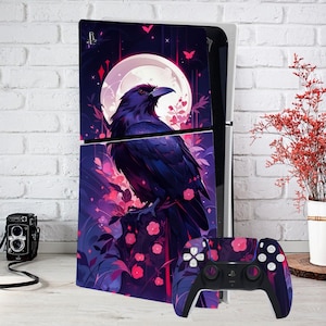 May include: A black raven with pink flowers and a full moon on a purple background. The image is a skin for a Playstation 5 console.
