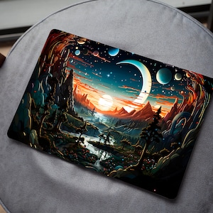 May include: A digital illustration of a fantasy landscape with a river flowing through a valley. The sky is filled with stars and a crescent moon. The mountains are a mix of brown, orange, and green.