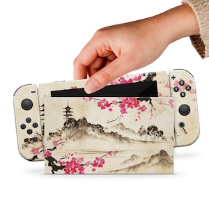 Beige Switch Skin Japan Switch Skin Sakura Switch OLED Skin Nature Sticker Mountains Decal for Console Dock Controller Joycon Joy Con Skin