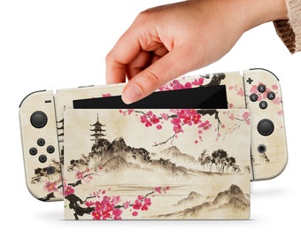 Beige Switch Skin Japan Switch Skin Sakura Switch OLED Skin Nature Sticker Mountains Decal for Console Dock Controller Joycon Joy Con Skin